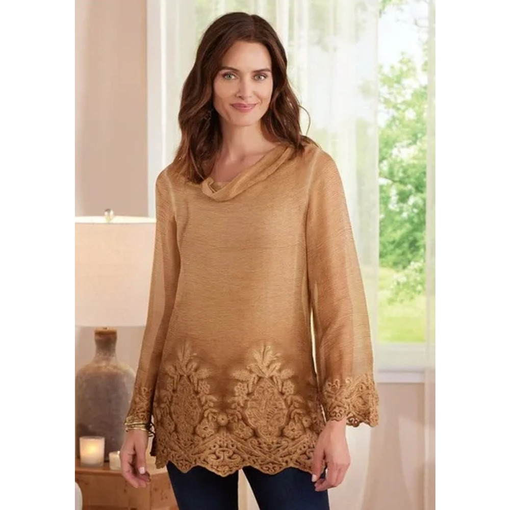 Soft Surroundings Renee Brown Silk Embroidered Long Sleeve Top Womans Size Small